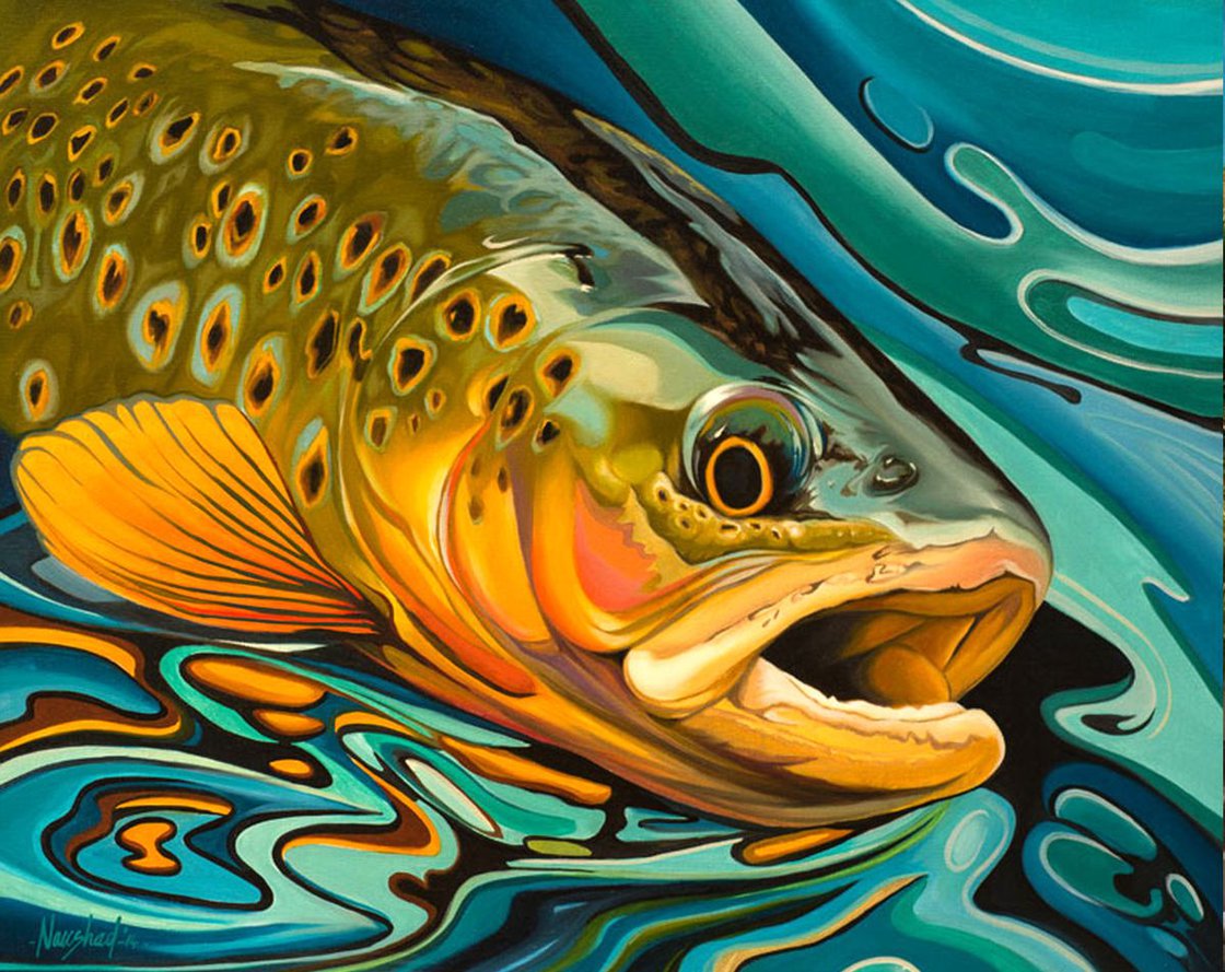 Trout-1 Fly fishing Brown trout Oil painting by Naushad Arts