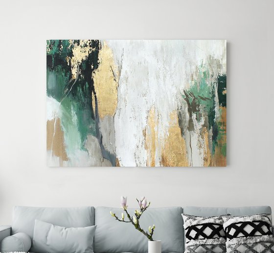 "Green Avalanche" Green gold abstract art