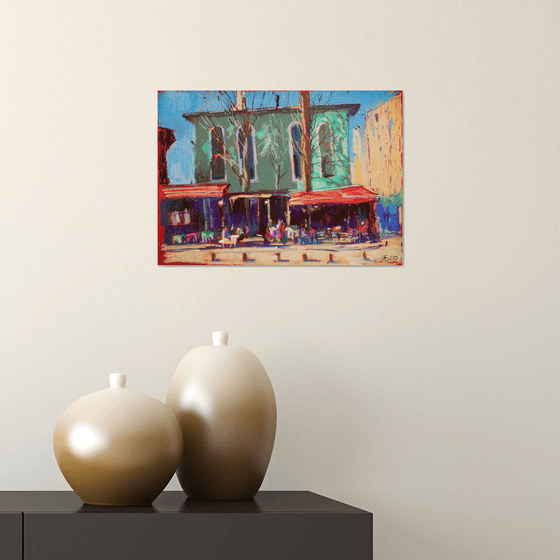 Istanbul cafe. Oil pastel painting. small colorful turkey turquoise interior decor street urban