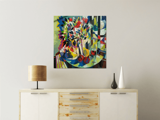 Still life with wine and pomegranates (80x80cm, cubism, oil painting, ready to hang)