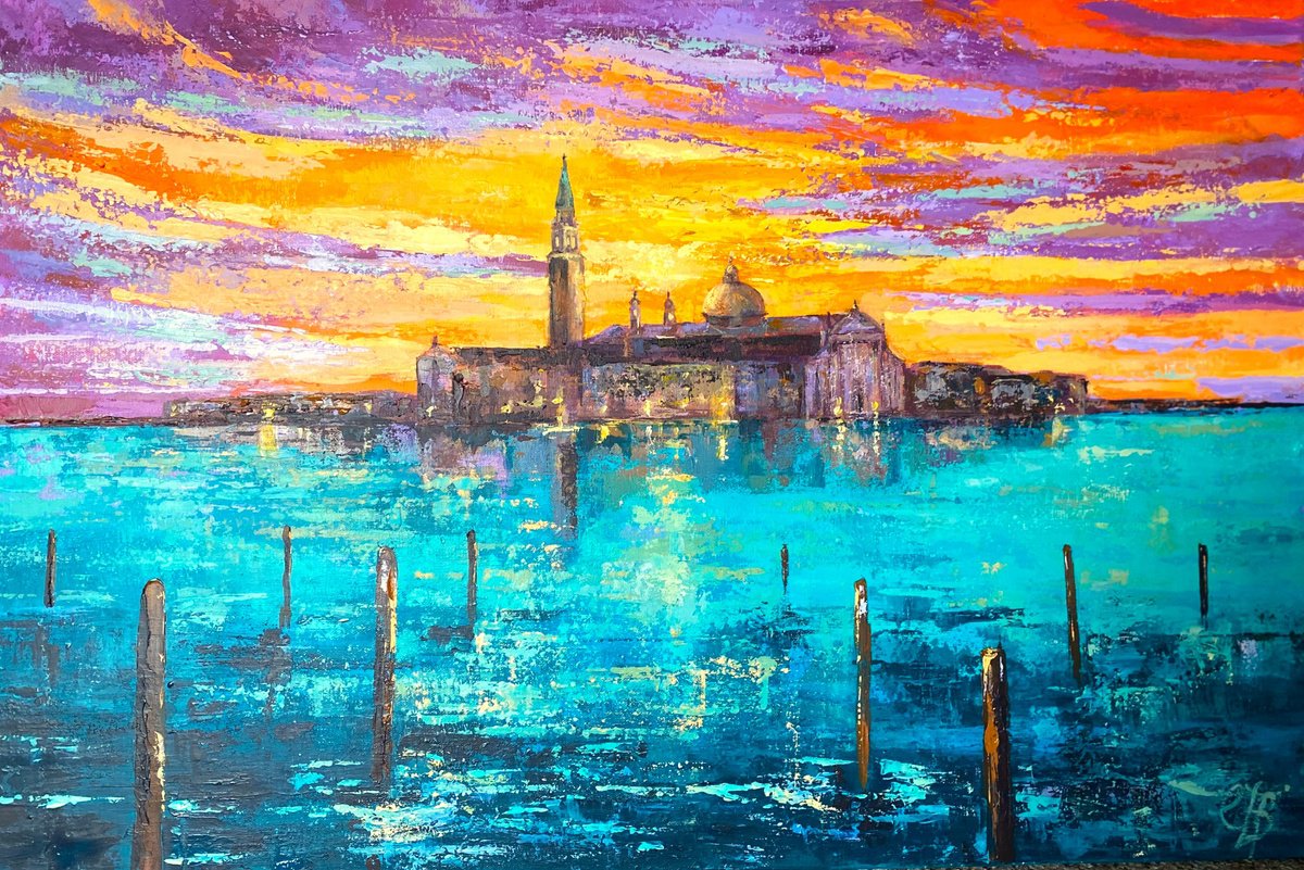 Impressionistic Landscape Acrylic Painting By Colette Baumback, 36 X 24, Venetian Sunset, Original Artwork