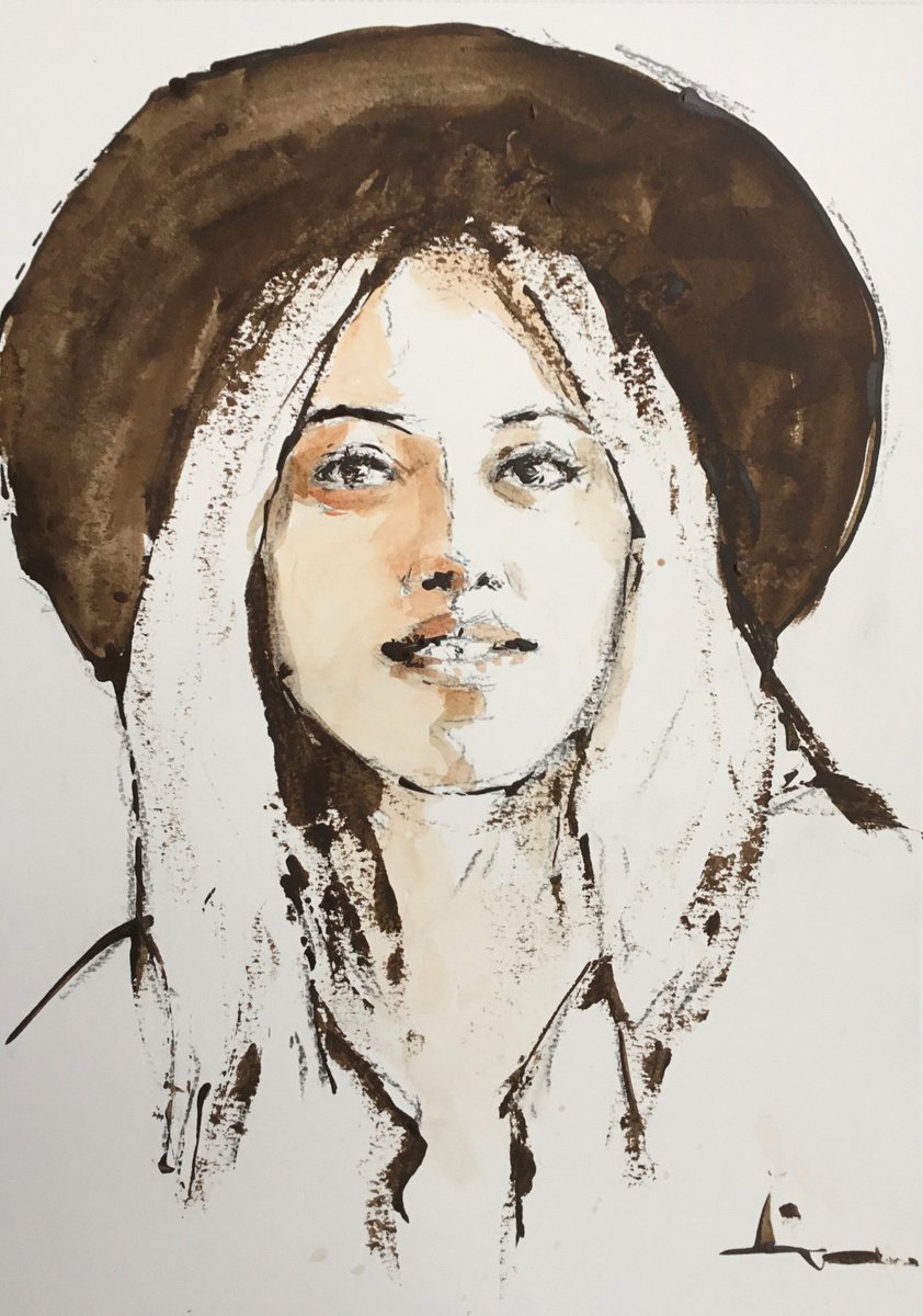 Expressive Portrait Acrylic Painting By Dominique Deve, 12 X 16, Big Hat Girl, Original Artwork
