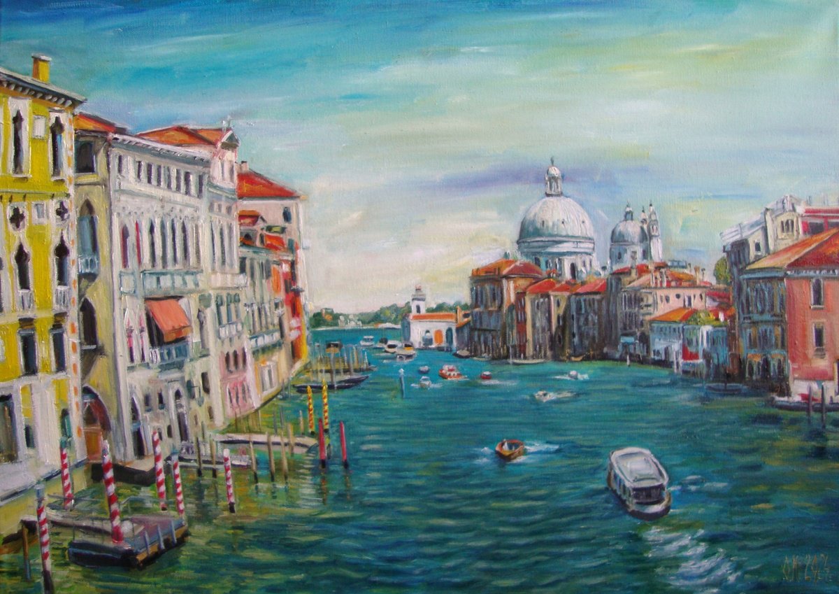 Impressionistic Cityscapes Oil Painting By Olga Knezevic, 28 X 20", Summer In Venice, Original Artwork