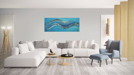 Oceans Breeze  - abstract acrylic painting canvas wall art blue gold metallic modern art