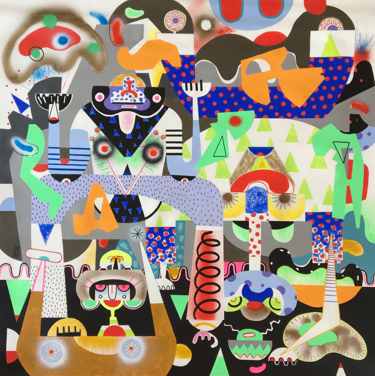 Expressive Abstract Acrylic Painting By Frantisek Florian, 43 X 43, Kampala Robots, Original Artwork