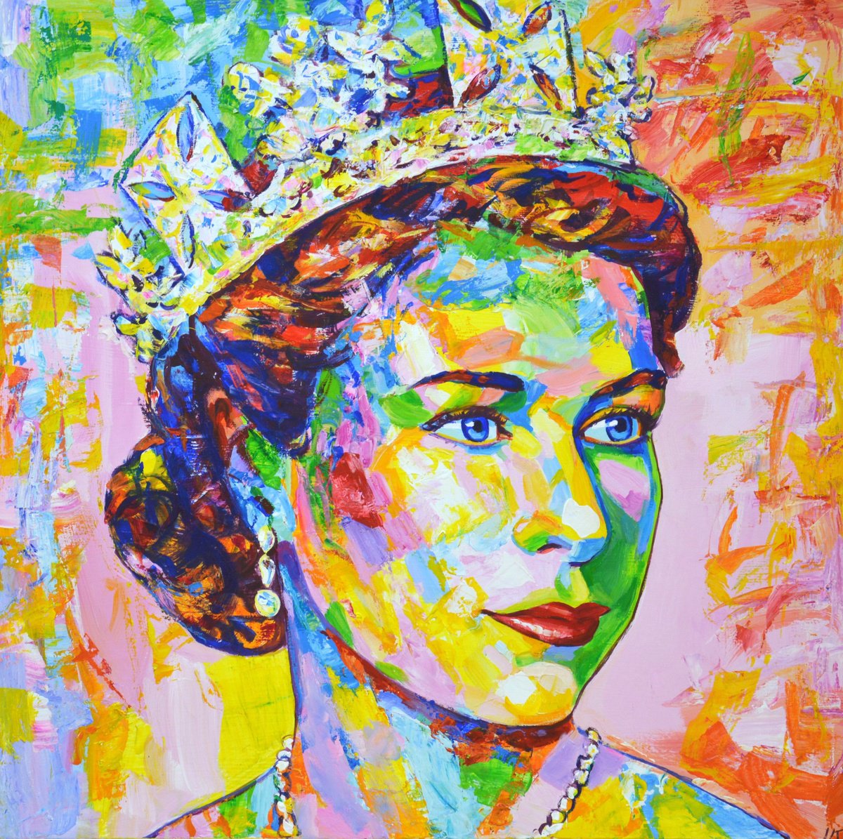 Expressive Portrait Acrylic Painting By Iryna Kastsova, 39 X 39, Queen Elizabeth Ii., Original Artwork