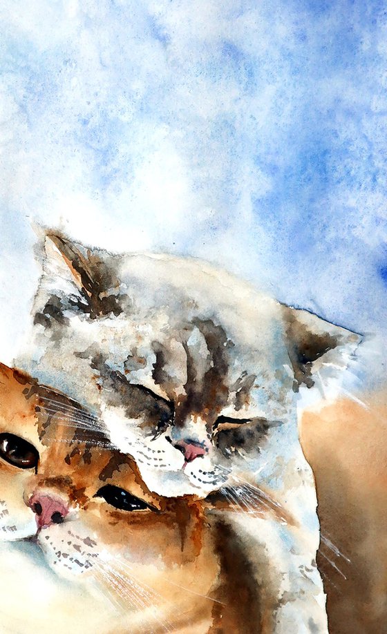 Sleepy Cats - Original Watercolor Painting