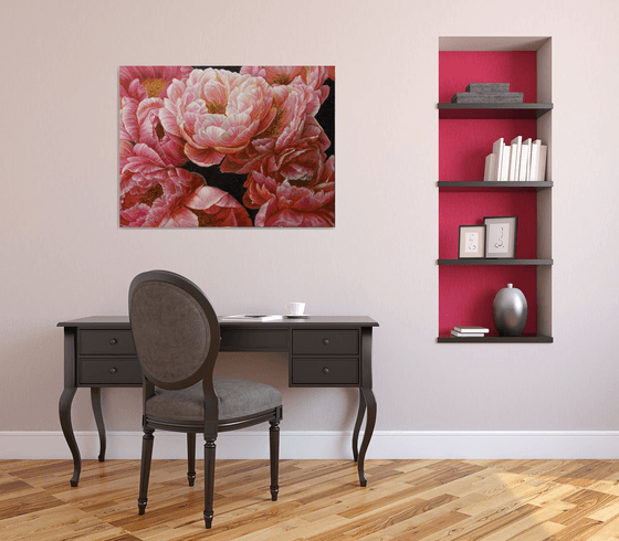 Red peonies on dark background