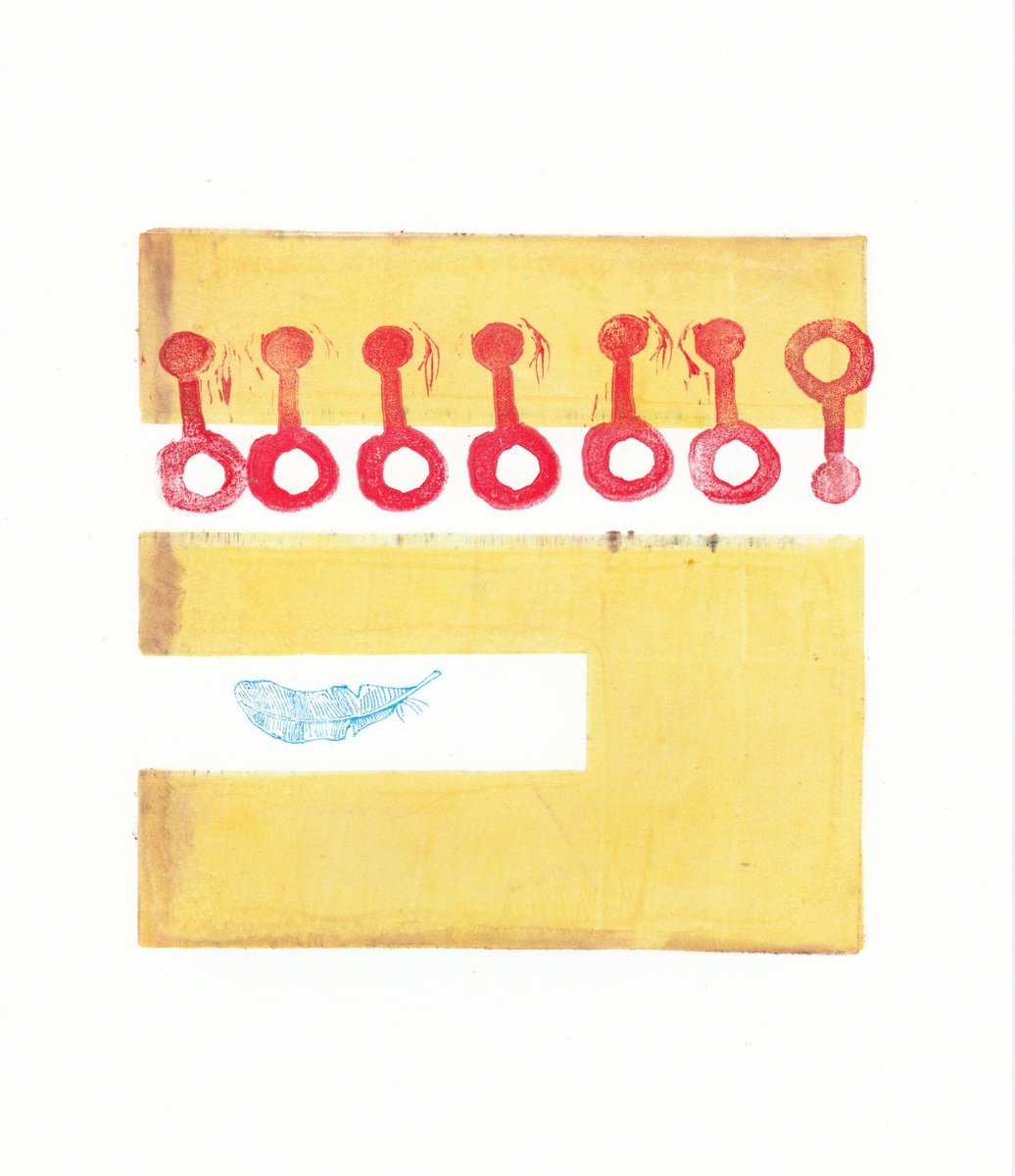 Geometric Abstract Limited Edition Print By Hilde Hoekstra, 8 X 10, Monotype #30 With Feather, Original Artwork