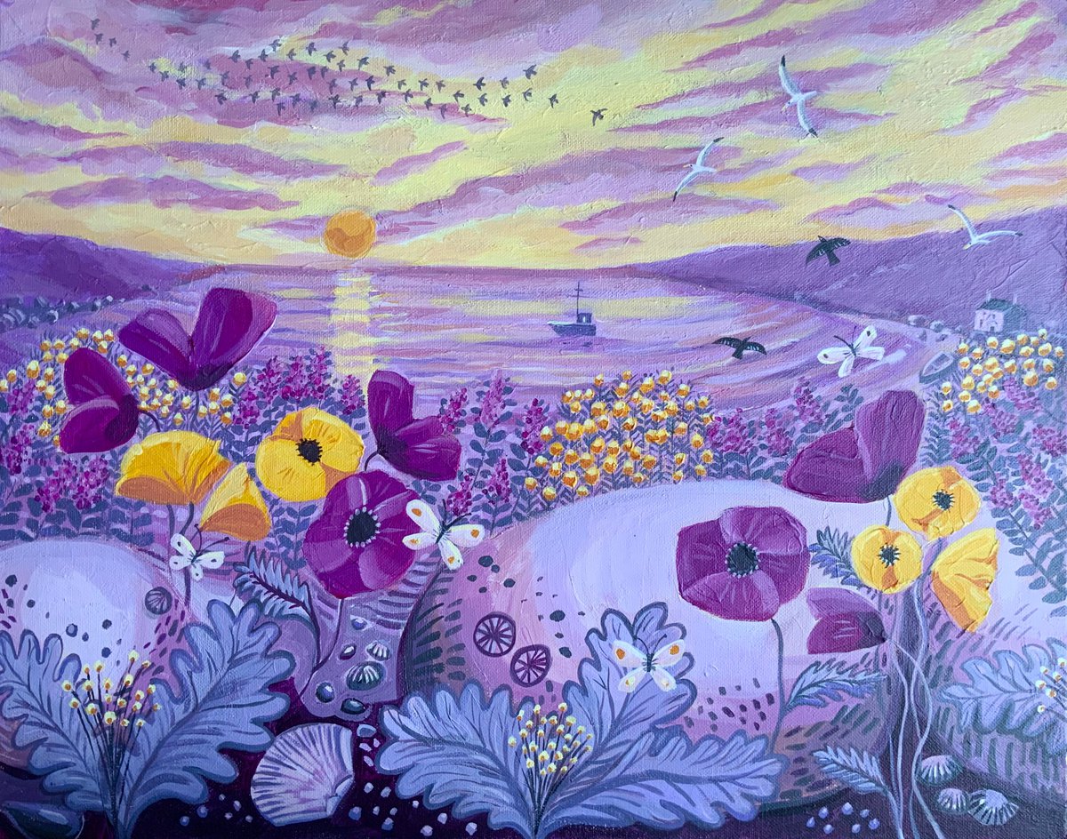 Impressionistic Landscape Acrylic Painting By Mary Stubberfield, 20 X 16", Flowers At The Beach, Original Artwork