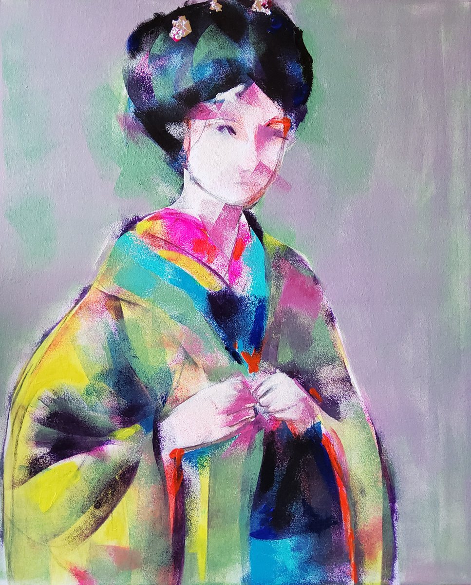 Expressive Portrait Acrylic Painting By Marina Del Pozo, 24 X 29", Gheisa 5, Original Artwork