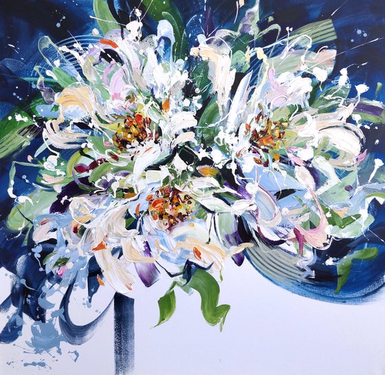 'FRESH MORNING' / white flowers on navy / 100x100