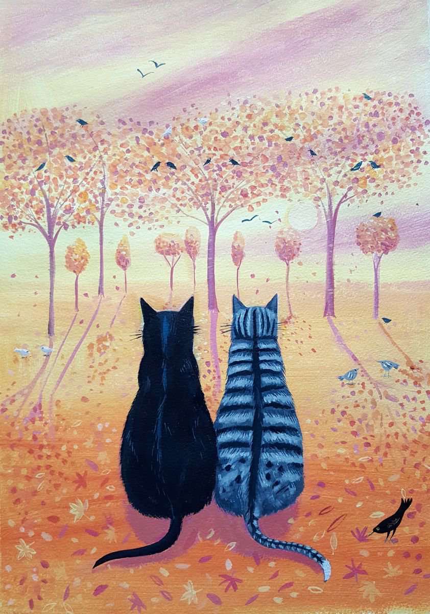 Birdwatching in autumn- cat painting, cat art by Mary Stubberfield