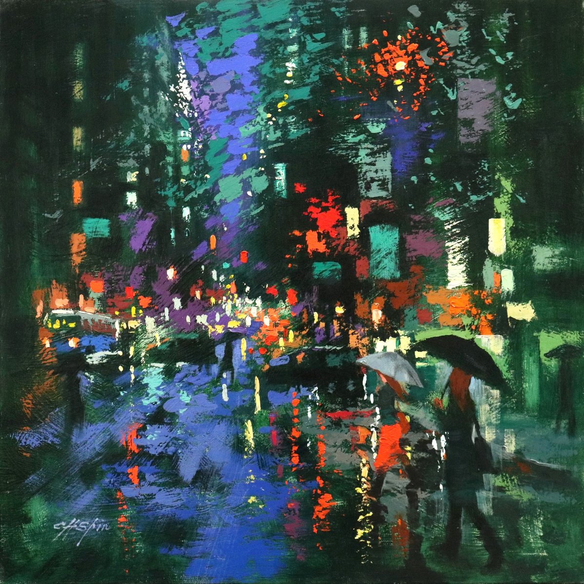 Expressive Oil Painting , Rainy Day Walkers In Lexington Avenue By Chin H Shin, 24 X 24, Artwork For Sale On Artfinder