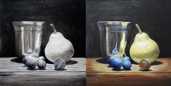 Pear and grape in silver goblet