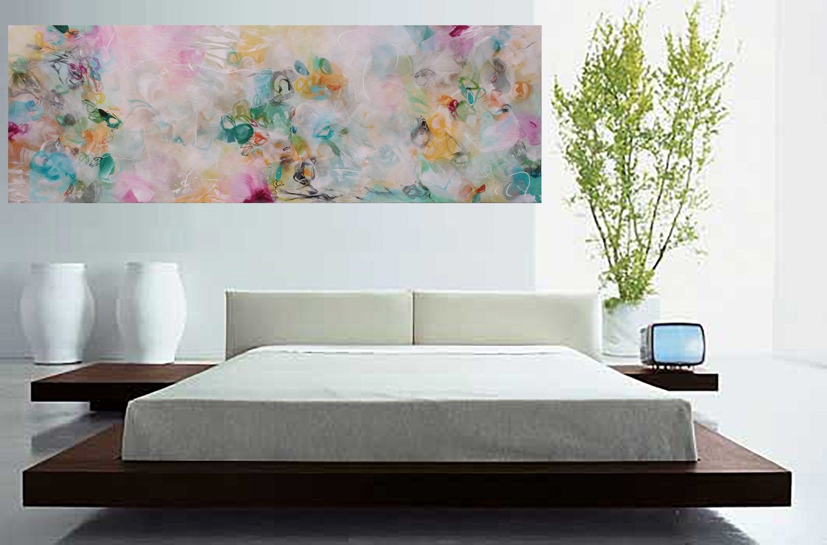 Organic Abstract Acrylic Painting By Susan Wooler, 59 X 20", Floating On The Breeze, Original Artwork