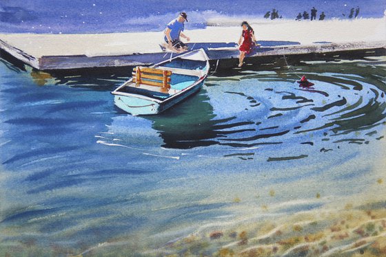 Boating lake - Original watercolor painting on paper, sea, lake, seascape.