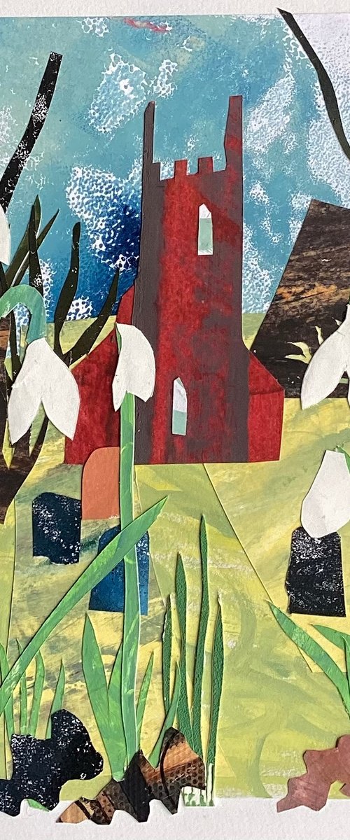 Kirk Bramwith Church with snowdrops collage by Alan Bateman