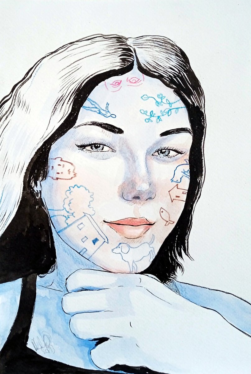 Illustrative Portrait Ink Drawing By Paolo Beneforti, 8 X 12", Girl With Pictures, Original Artwork