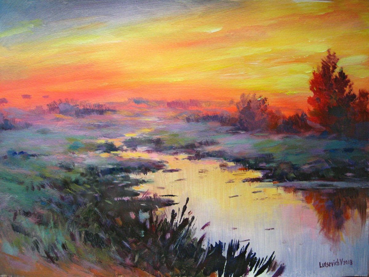 Impressionistic Landscape Acrylic Painting By Vladimir Lutsevich, 17 X 12", Sunset In The Swamp., Original Artwork