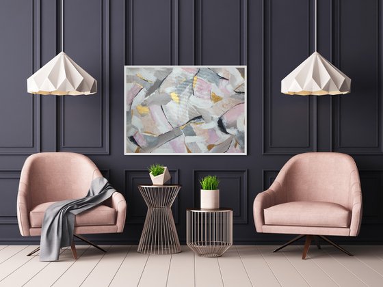 Large Geometric Painting in Nudes and Gold Light Painting Abstract Artwork for Contemporary Design
