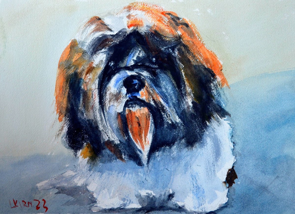 Impressionistic Animal Watercolour By Leonid Kirnus, 14 X 10", Shih Tzu Boy, Original Artwork