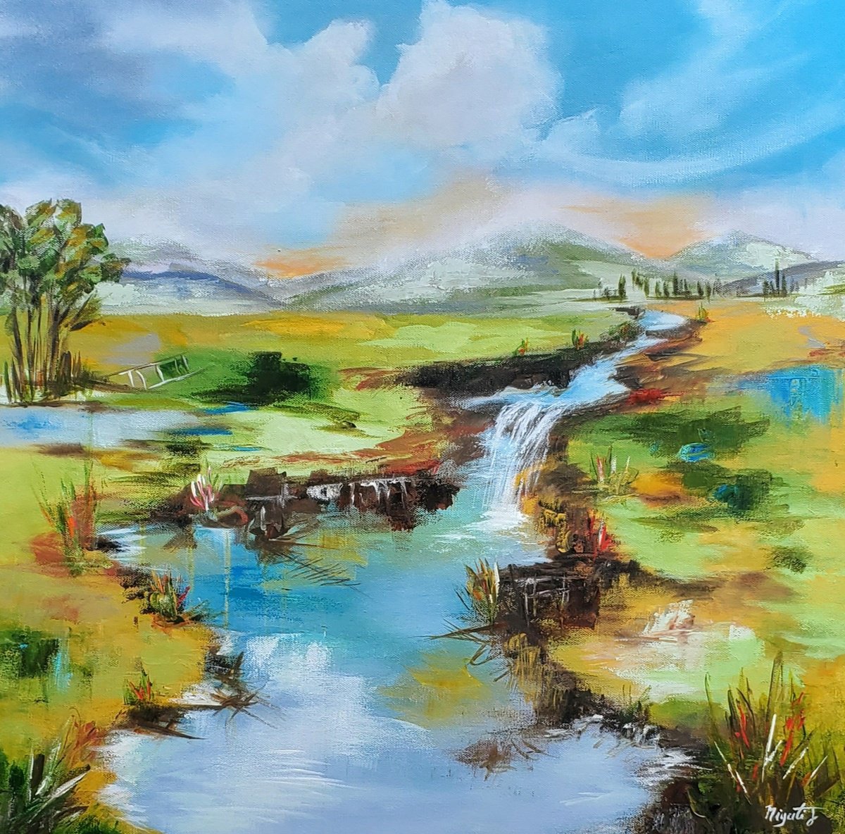 Impressionistic Landscape Acrylic Painting By Niyati Jiwani, 24 X 24", Silent Waterfall, Original Artwork