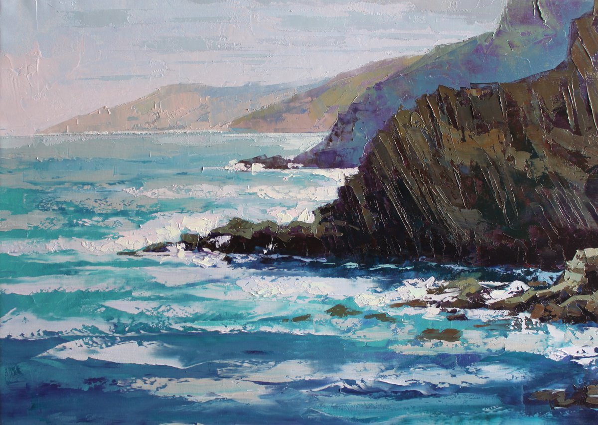 Impressionistic Landscape Oil Painting By Revaz Tcheishvili, 28 X 20", The Cliffs Of Cinque Terre, Original Artwork