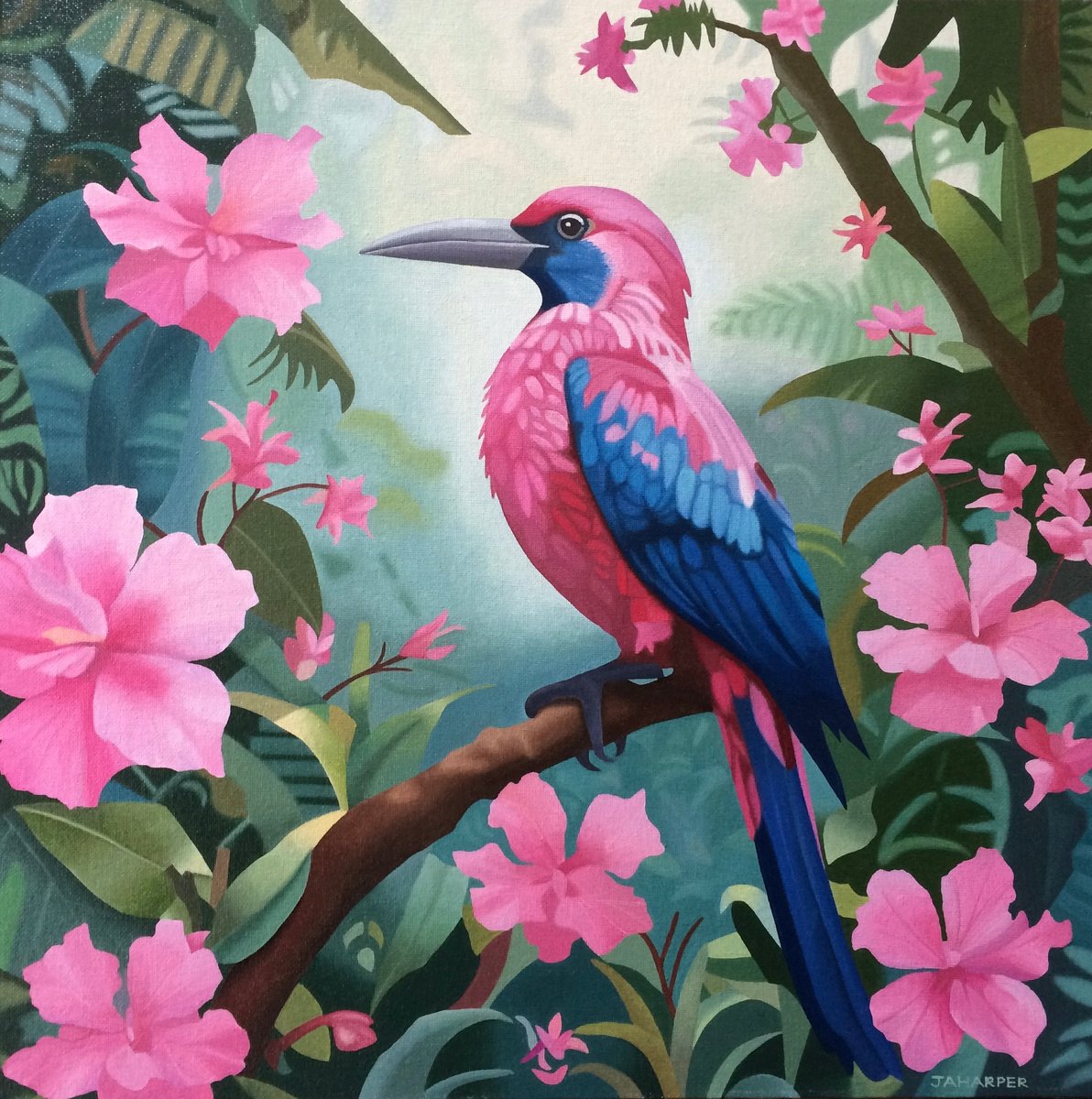Photorealistic Oil Painting , Tropical Bird With Pink By Jill Ann Harper, 18 X 18, Artwork For Sale On Artfinder