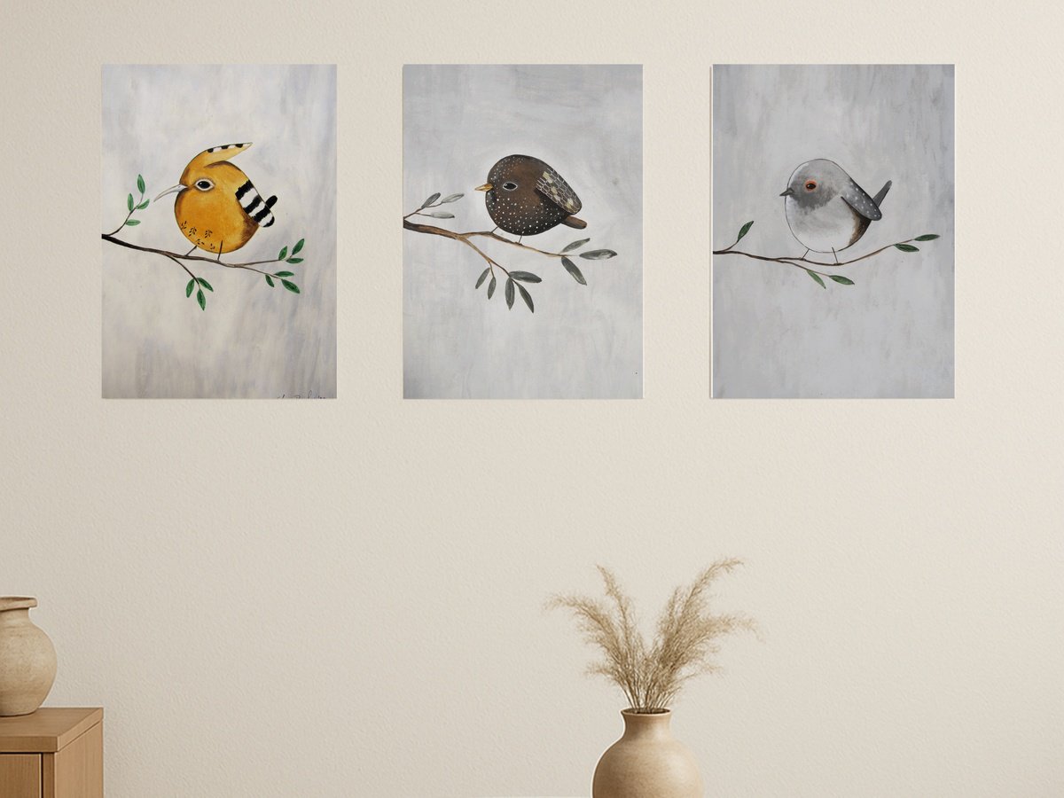 Illustrative Animal Oil Painting By Silvia Beneforti, 25 X 12", Birds, Set Of 3, Original Artwork
