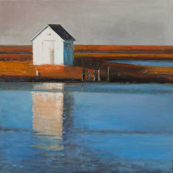 White Beach Hut Shed 30x30 inch 76x76 cm by Bo Kravchenko