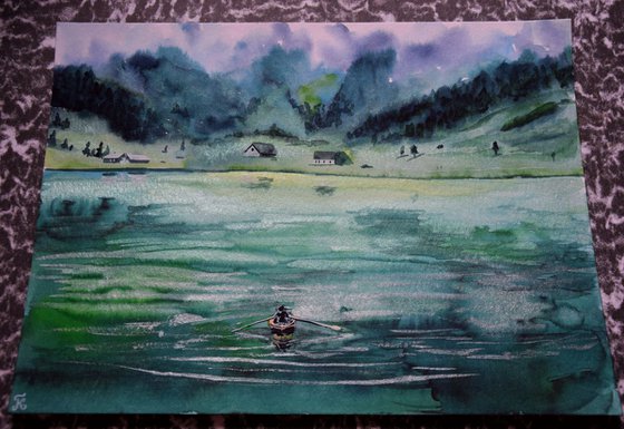 Green mountains lake with boat Watercolor painting