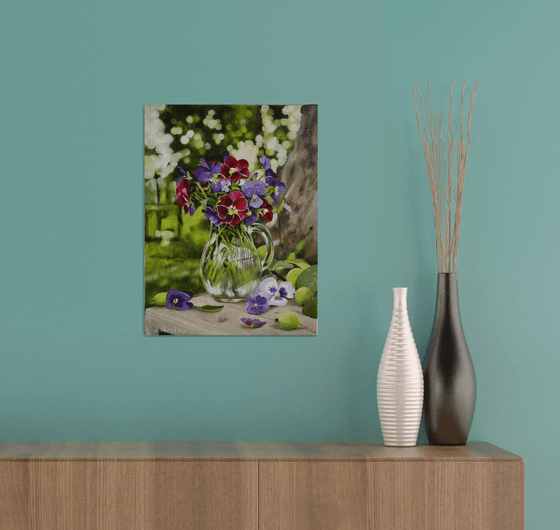 Pansies in Glass Jug