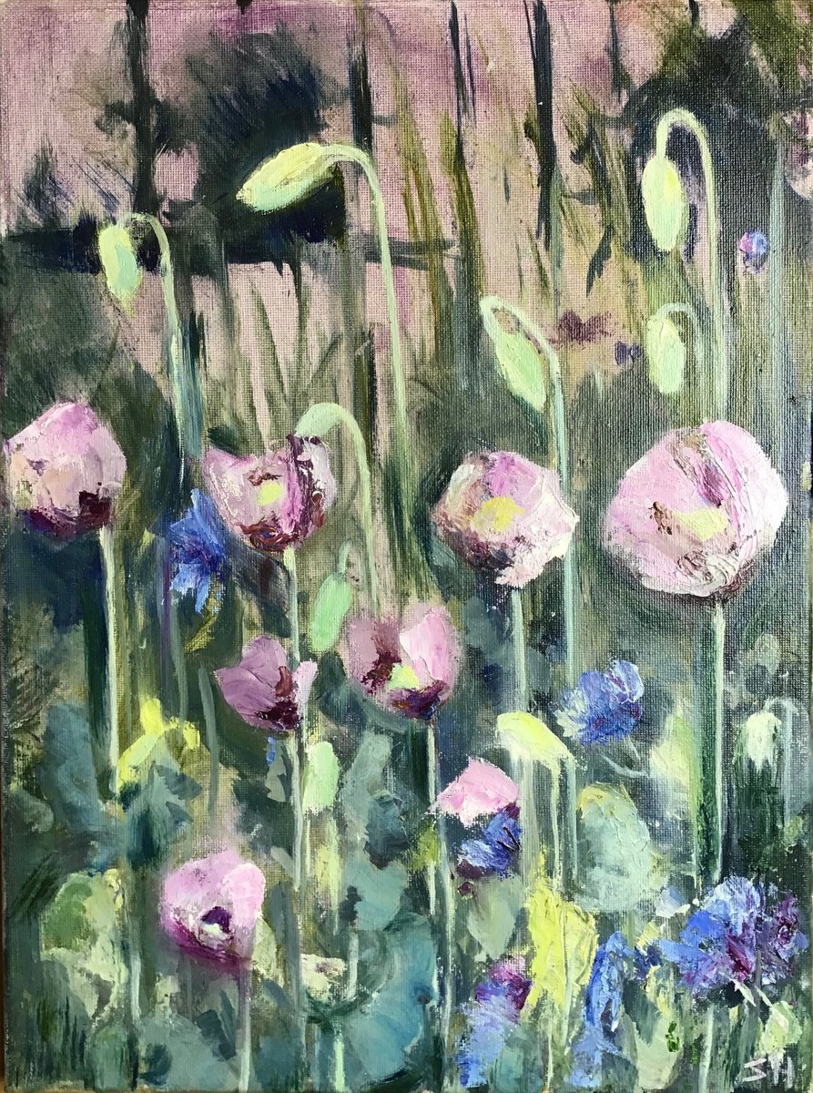 Expressive Botanical Oil Painting By Sandra Haney, 12 X 16", Purple Poppies, Original Artwork