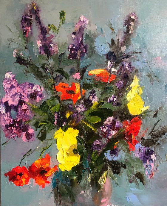BOUQUET OF WILD FLOWERS, Oil on canvas panel