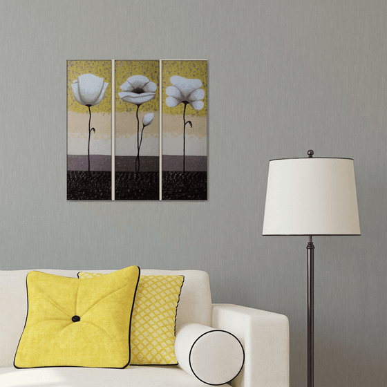 Poppies (20x60 20x60 20x60, acrylic painting, triptych)