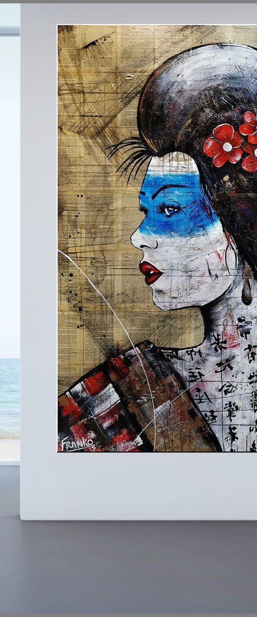 Hanako 120cm x 150cm Geisha Book Page Urban Pop Art by Franko