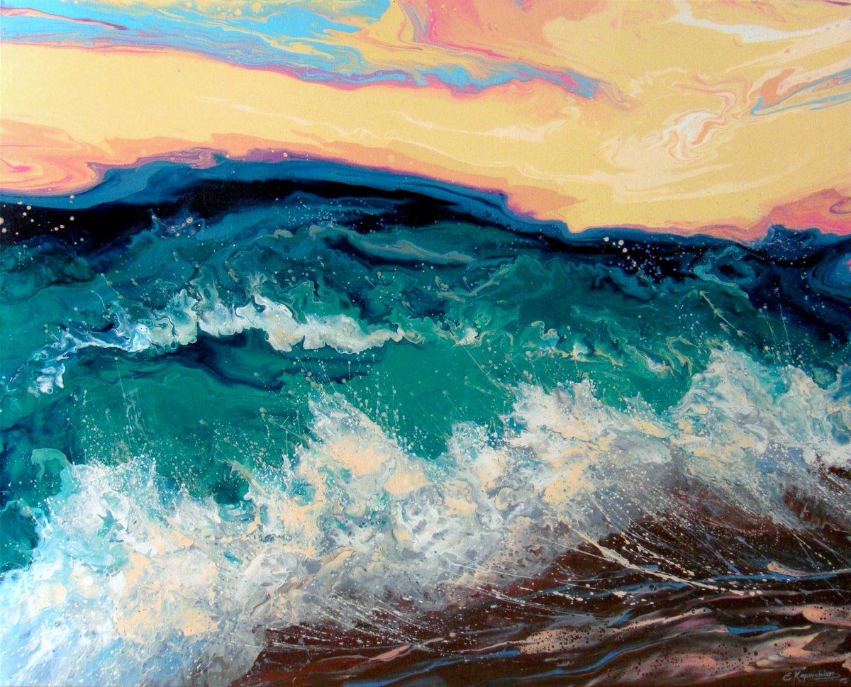 Seascape Sunset over the sea Large Painting by Irini Karpikioti