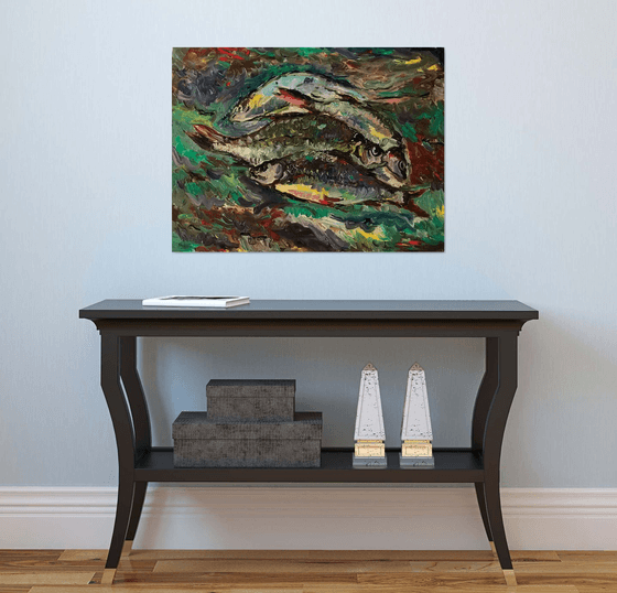 Morning Catch - Catch of the Day - Still Life with Fish - Animal Art - Medium Size - Kitchen Decor - Fishing -  60x80