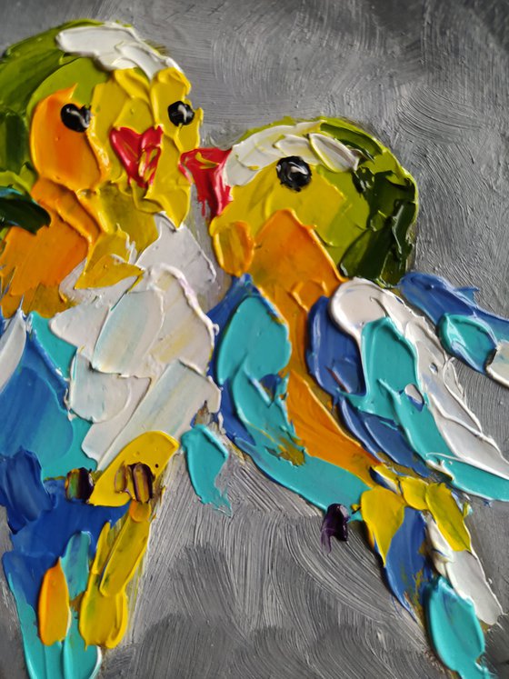 Birds love - love, birds, animals oil painting, art bird, Impressionism, palette knife, gift.
