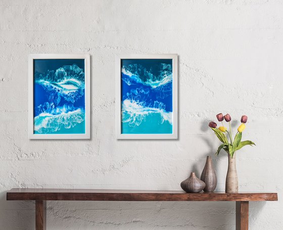 Diptych "My ocean" - set of 2 original seascape 3d artwork, framed, ready to hang