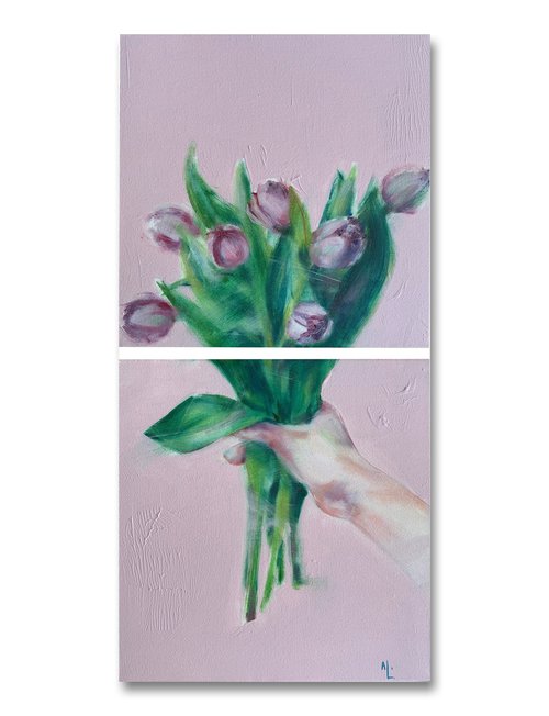 Bouquet of tulips on a pink background by Alina Lobanova