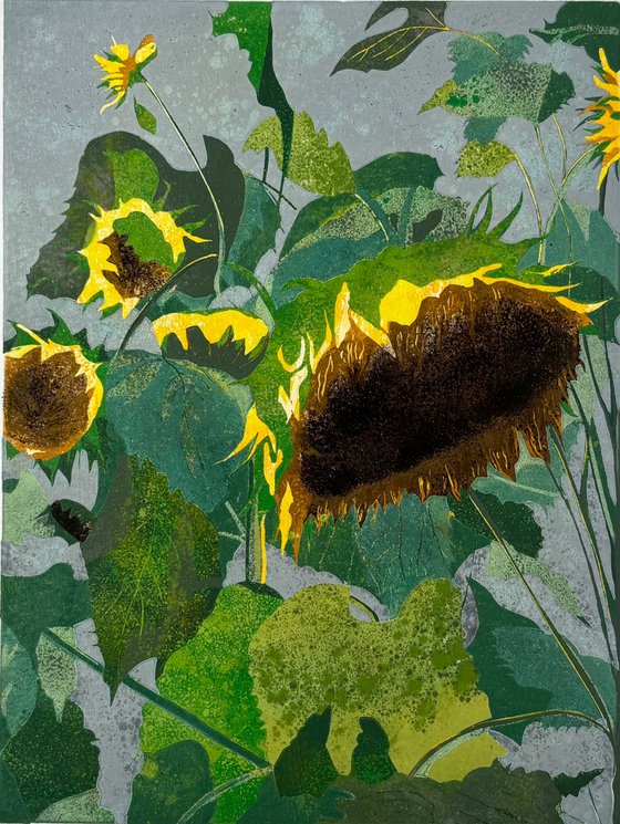 Sunflowers in Abstract Linocut Print