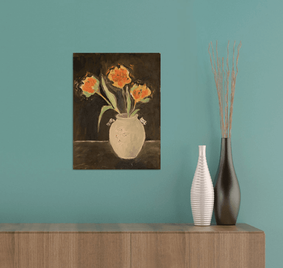 Orange tulips in Chinese vase