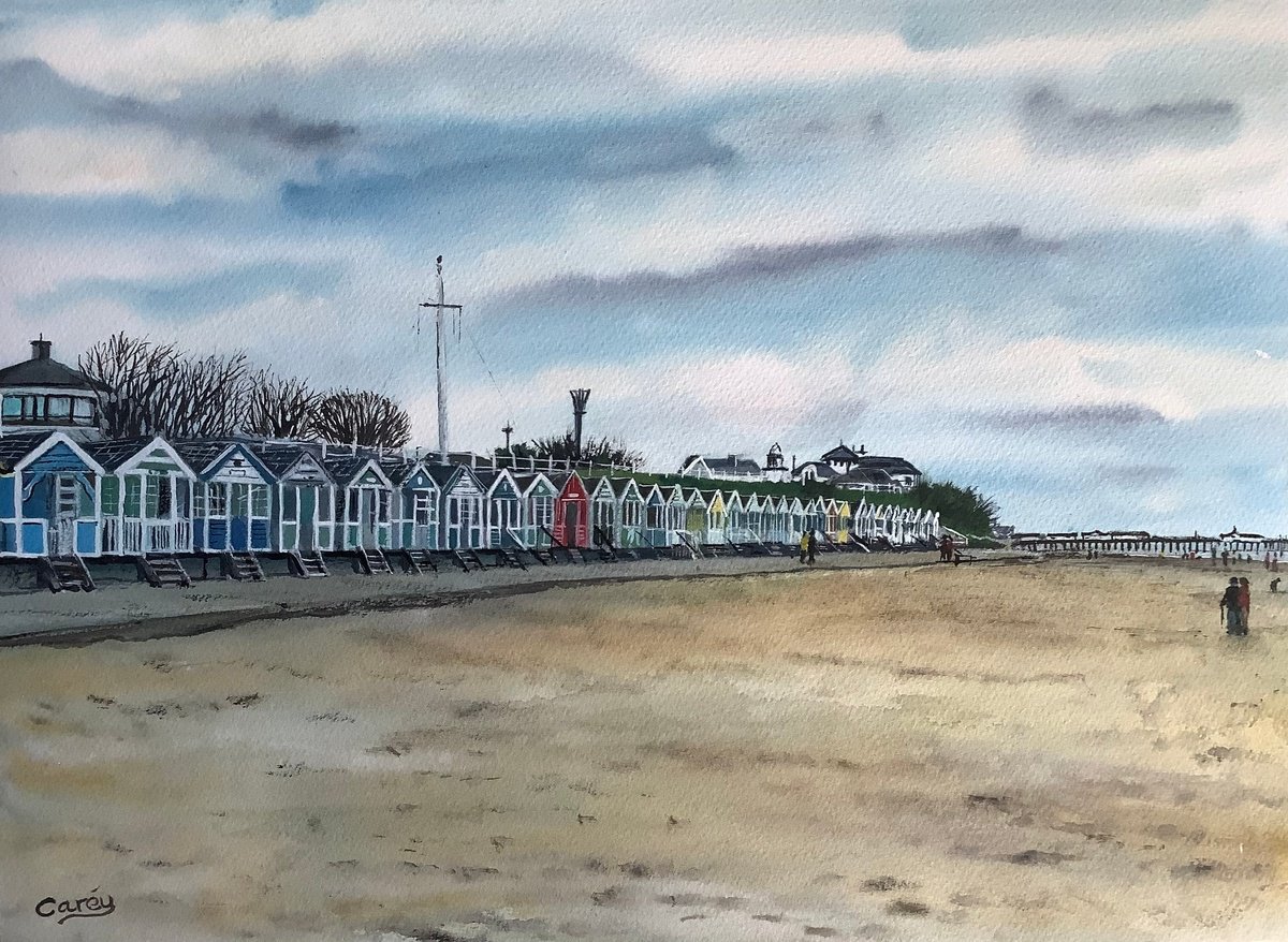 Impressionistic Landscape Watercolour By Darren Carey, 15 X 11, Beach Huts, Original Artwork