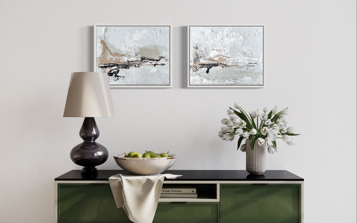 Hidden Light - 2 Paintings Landscape - Black, Sand & White By Daniela Pasqualini, 44 X 18, Artwork For Sale On Artfinder