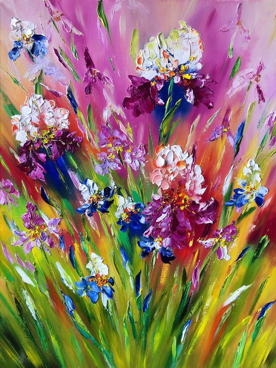 FIELDS OF BRIGHTNESS - Irises. Bright landscape. Rainbow flower. Juicy colors. Flower meadow. Summer warmth. Good mood. 3d.