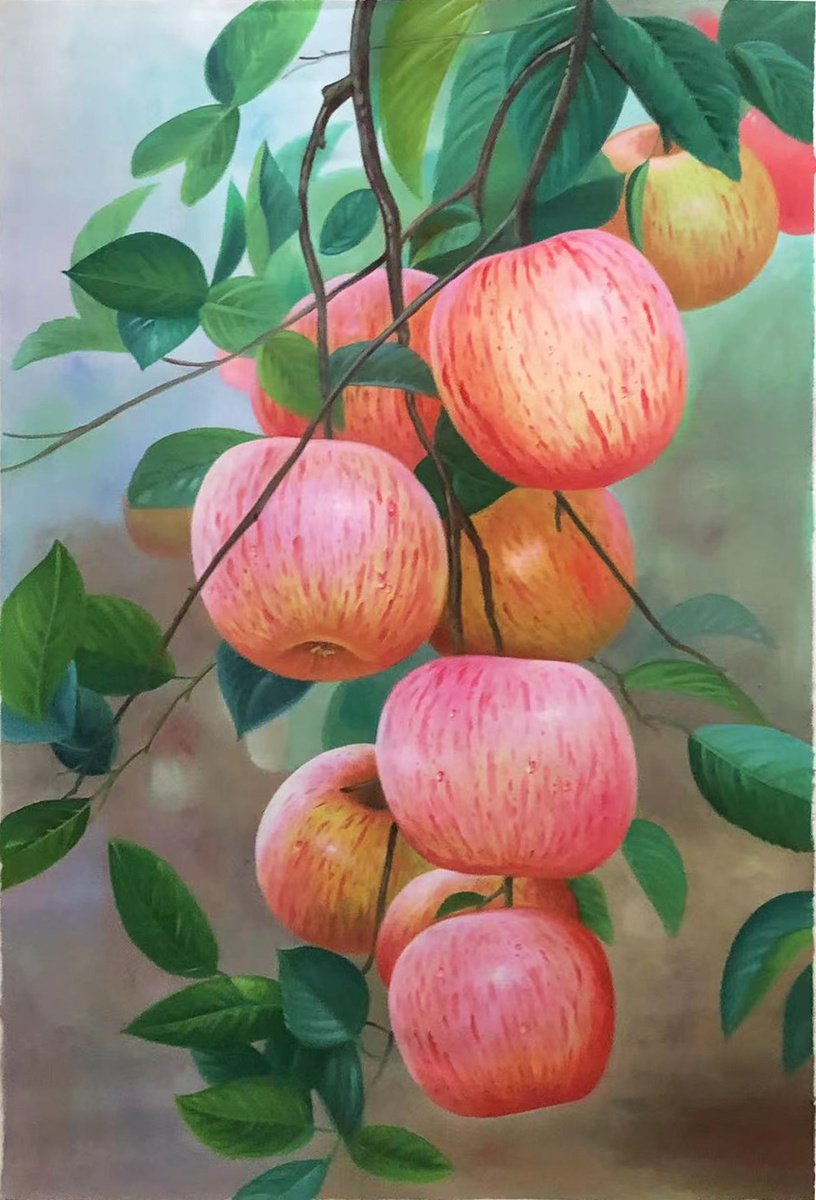 Photorealistic Still Life Oil Painting By Kunlong Wang, 24 X 35", Still Life:apples On The Trees, Original Artwork