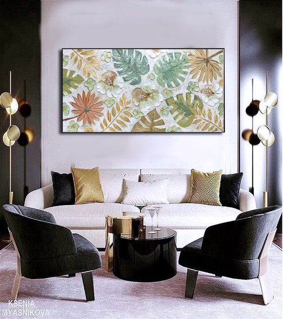 Tropical Haze - Garden Painting Green Plants Painting Summer Flowers Painting Custom Canvas Wall Art Living Room Wall Art Tropical Leaves Art