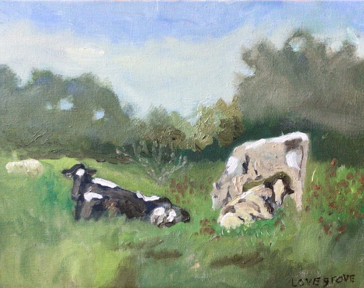 Impressionistic Animal Oil Painting By Julian Lovegrove Art, 10 X 8", Cows At Rest, Norfolk, Original Artwork